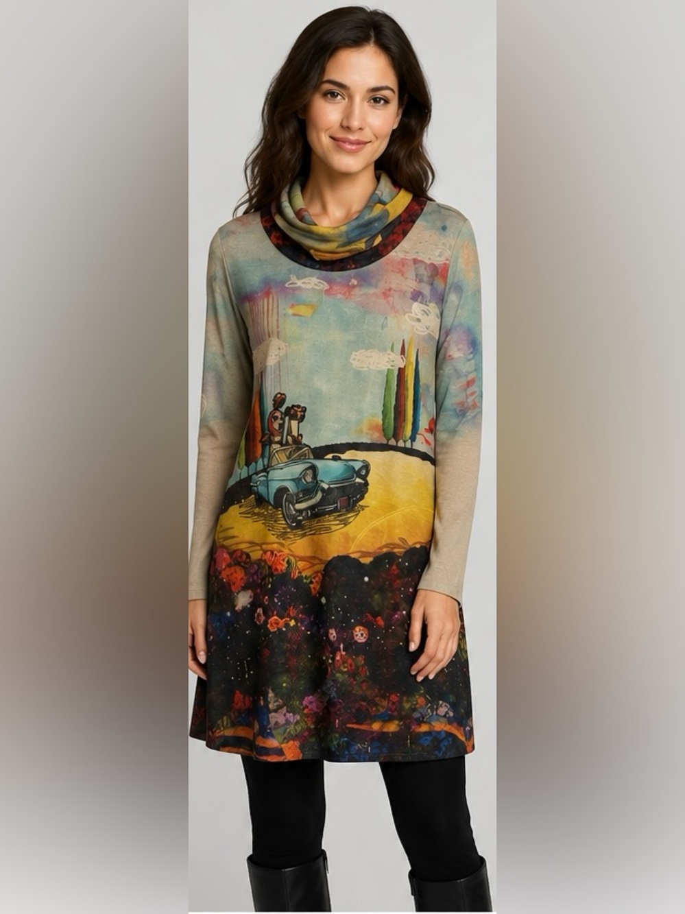Inoah Cowl Neck Dog Art Long Sleeve Dress Size Medium